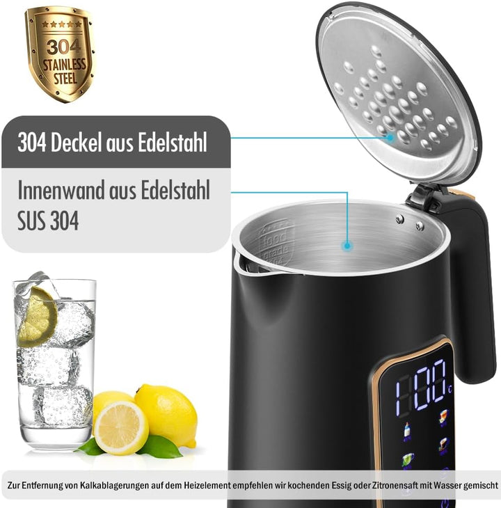 ForMe Edelstahl Wasserkocher 1,7 L mit Temperatureinstellung Temperaturwahl 40-100°C I LED Digitale