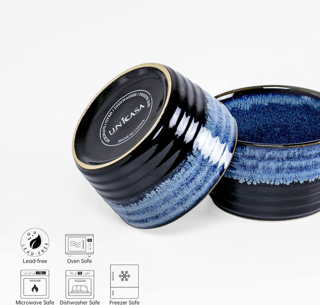 UNICASA Soufflé Förmchen, Creme Brulee Schälchen Blau 4 Stück, Souffleförmchen Porzellan Pastetenfor