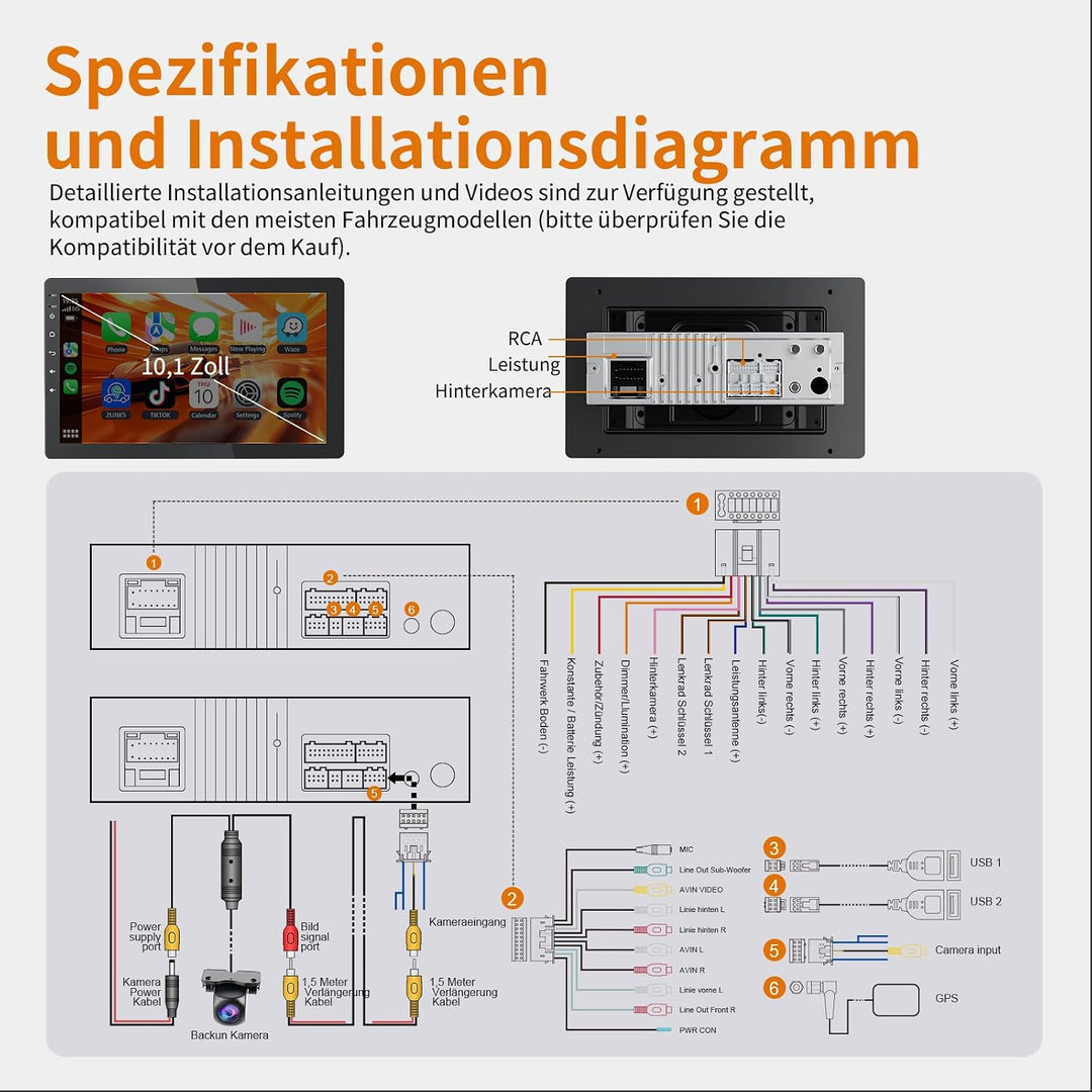 Haudio 1Din Autoradio, mit 10.1 Zoll drehbar Bildschirm,Kompatibel mit Wireless Apple CarPlay und An