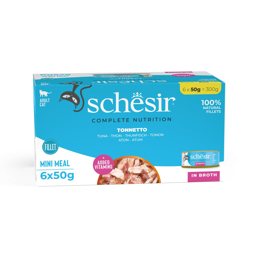Schesir Cat Natural Thunfisch, Katzenfutter nass im eigenen Saft, 8 x 6 Dosen x 50 g Thunfisch Natur