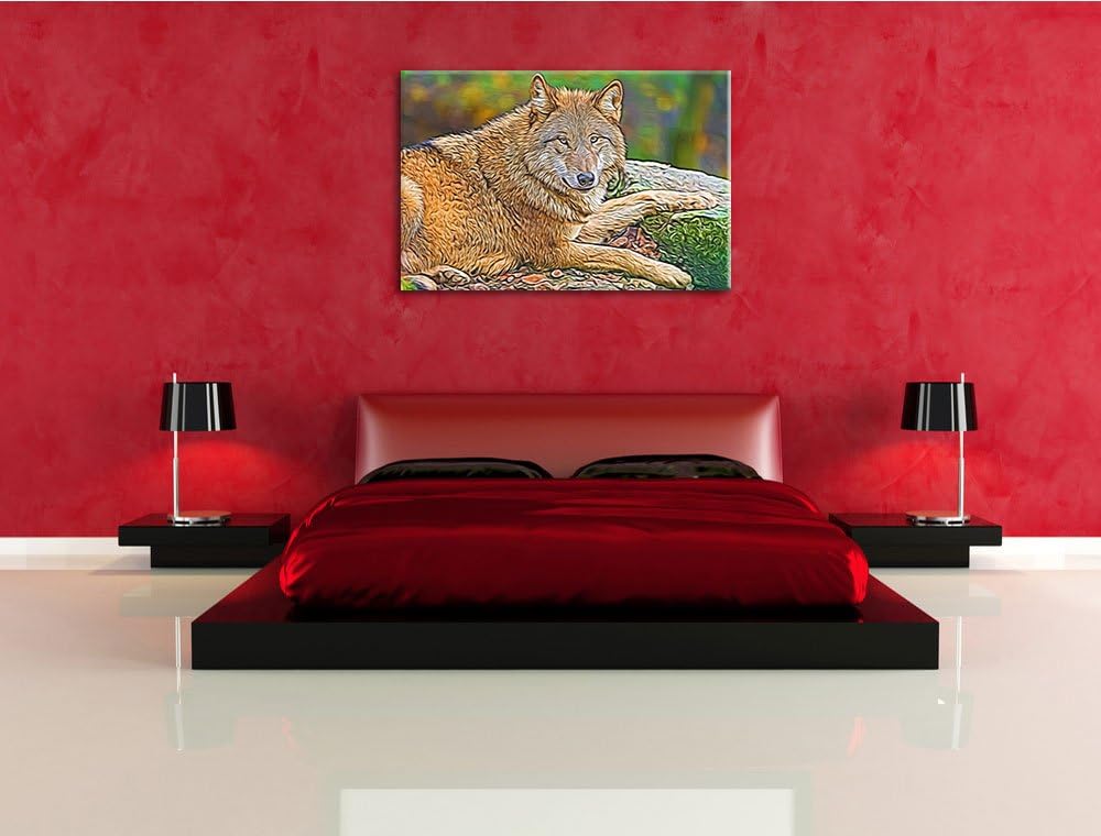 stolzer Wolf auf Stein Deluxe Format: 100x70 cm auf Leinwand, XXL riesige Bilder fertig gerahmt mit