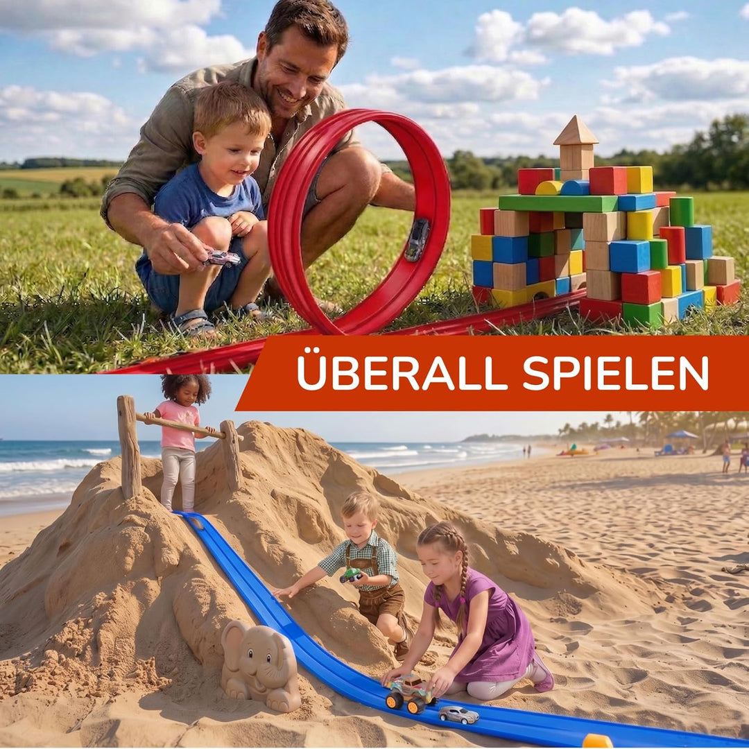 Autorennbahn Flexible Rennstrecke mit 4 Autos & Tragtasche – Soft Rennbahn Spielzeug für Kinder ab 3