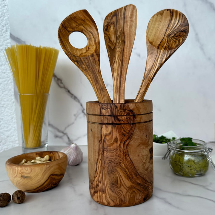 Handgefertigtes Olivenholz Küchenhelfer-Set, 30 cm, mit Aufbewahrungstopf, 3 oder 5 Teile (3), 3