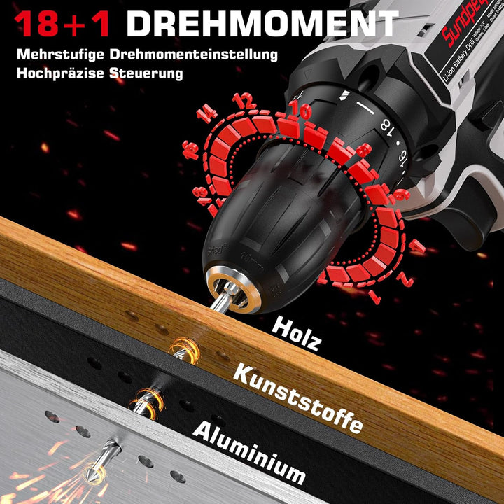 Akkuschrauber Set, 21V Akku Bohrschrauber - Sundpey 18+1 Akkubohrer mit 2 Akkus 2.0Ah, 45Nm Drehmome
