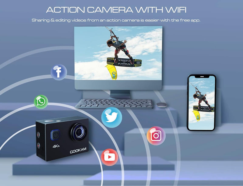 GOOKAM Action Cam 4K 20MP 40M Unterwasserkamera Wasserdicht WiFi Actionkamera mit 2.4G Fernbedienung