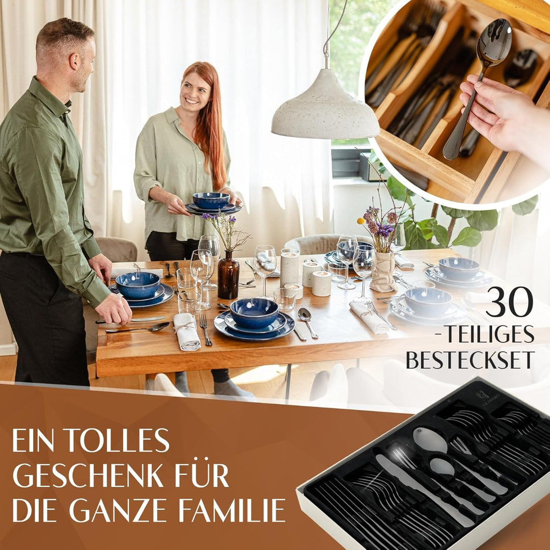 Glavory Lumina - Besteck Set 6 Personen Schwarz Hochglanz - 30teilig - Besteckset Spülmaschinenfest