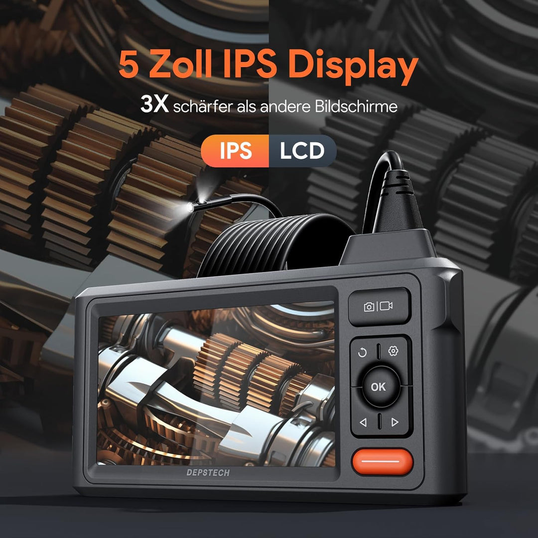 Endoskopkamera mit Licht, DEPSTECH 1080P Dual Lens Endoskop 5,0 Zoll IPS Bildschirm Inspektionskamer