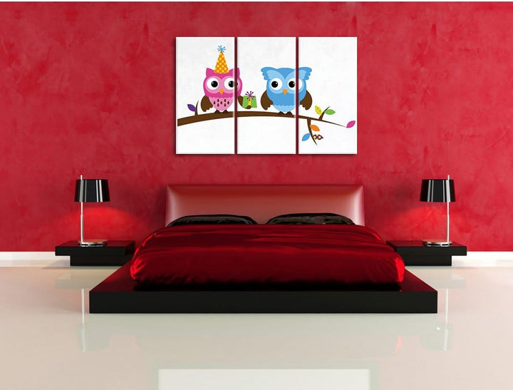 Pixxprint Party Eulen als Leinwandbild/Grösse: 3 Teilig (120x80) cm/Wandbild/Kunstdruck/fertig bespa