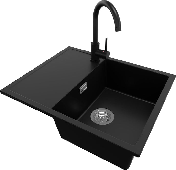 Spülbecken Schwarz 62x50 cm, Granitspüle + Ablauf-Set + Küchenarmatur 5000, Küchenspüle für 45er Unt