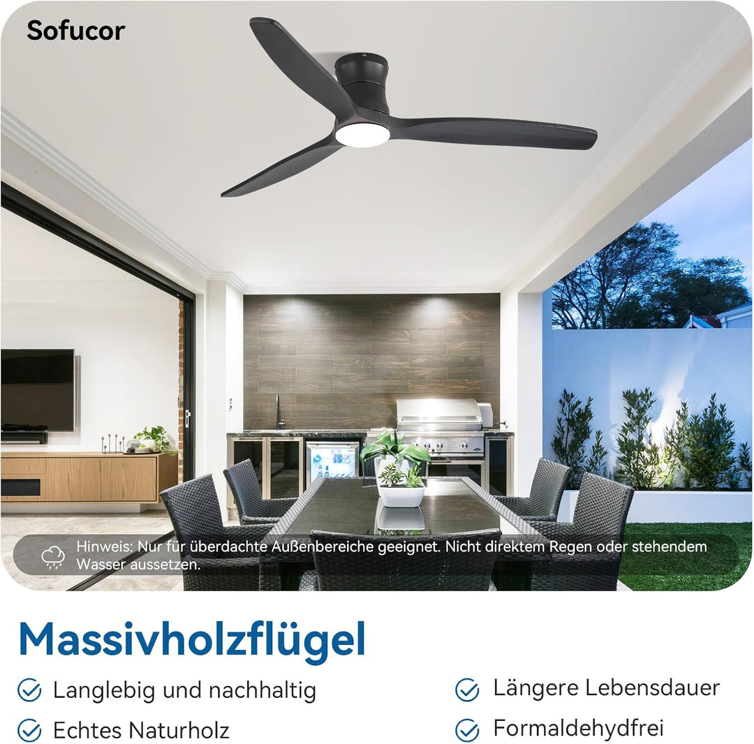 Sofucor 132cm Deckenventilator mit Beleuchtung,Massivholz Deckenventilator mit Licht und Fernbedienu