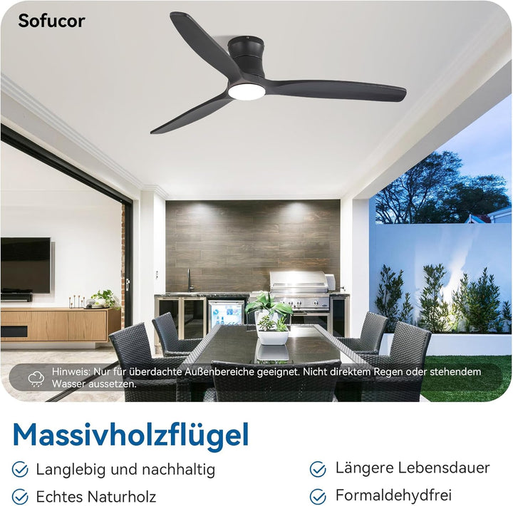 Sofucor 132cm Deckenventilator mit Beleuchtung,Massivholz Deckenventilator mit Licht und Fernbedienu