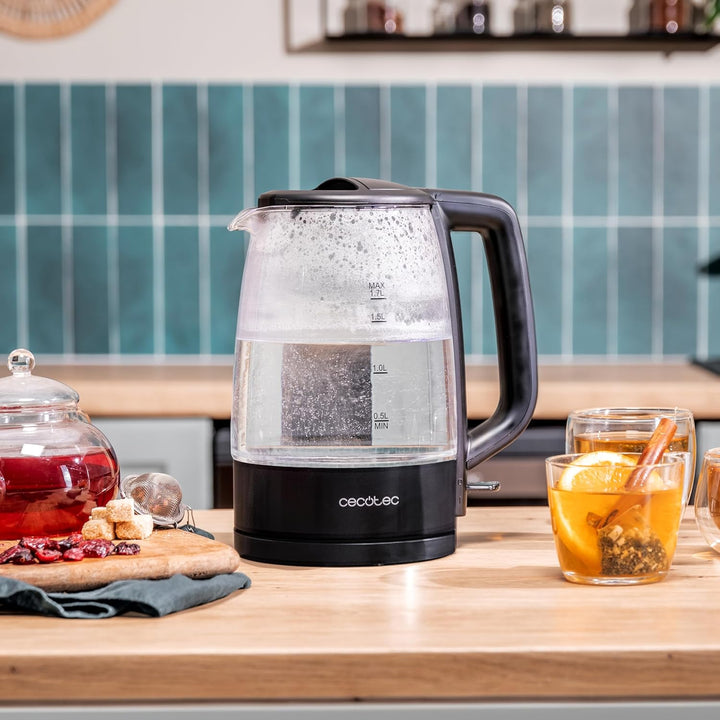 Cecotec Elektrischer Wasserkocher 1,7L ThermoSense 320 Clear, 2200W, Borosilikatglas, Leuchtanzeige,