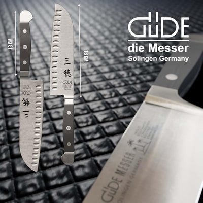 GÜDE Solingen - Santoku mit Kulle geschmiedet, 18 cm, POM schwarz, ALPHA, Doppelkropf, Handmade Germ