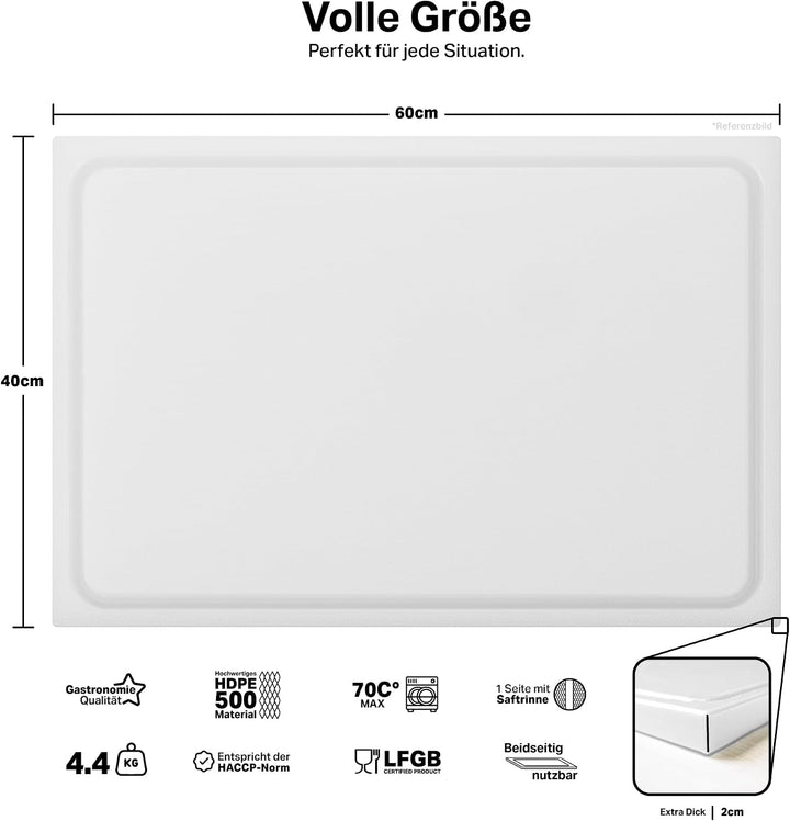 stabiles Schneidebrett Kunststoff | Weiss, 60x40x2 cm | Spülmaschinenfest, EXTRA dick, messerschonen