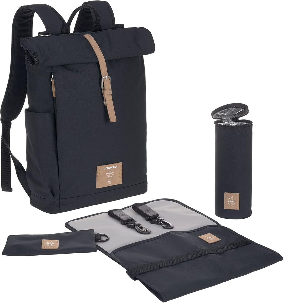 LÄSSIG Wickeltasche, Wickelunterlage, Kinderwagenbefestigung, Flaschenhalter nachhaltig produziert/G