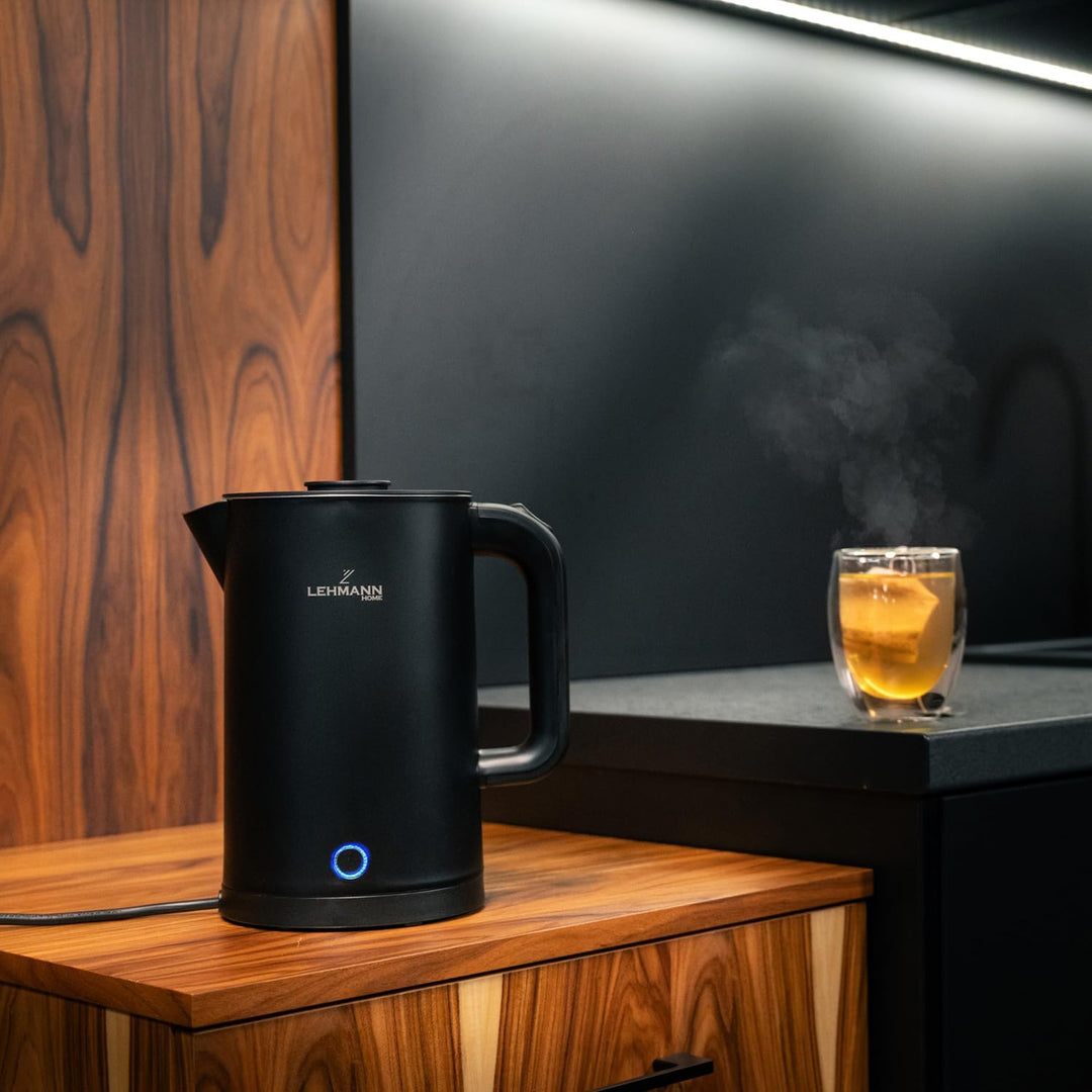LEHMANN Elektrischer Wasserkocher Edelstahl 1,7L, 2200W, Schnelles Aufheizen, Doppelwand Design, Abs