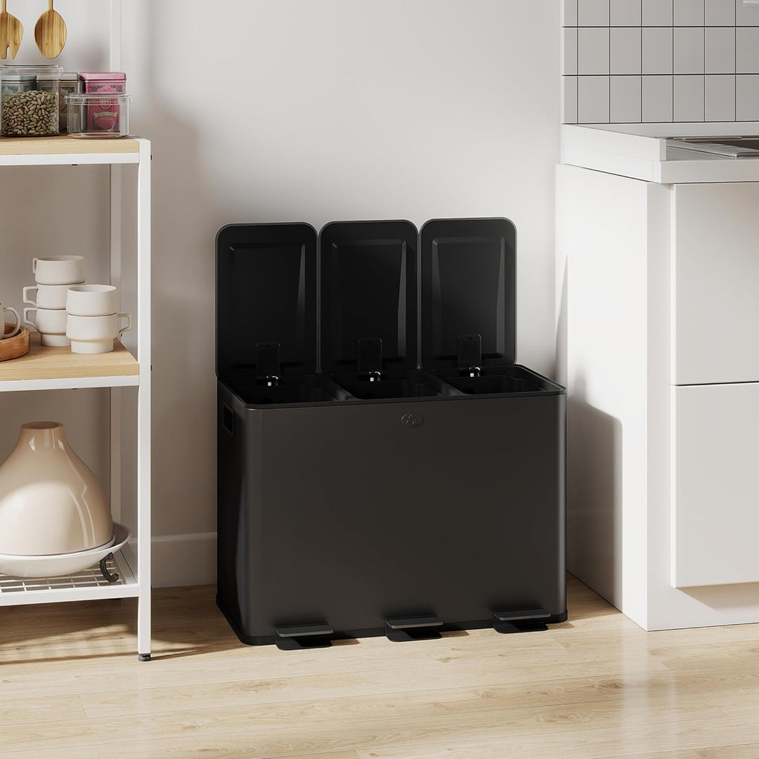 HOMCOM Mülleimer Küche 3 x 15 L Treteimer mit Softclose-Deckel und Pedal Mülltrennsystem 3 Fächer in