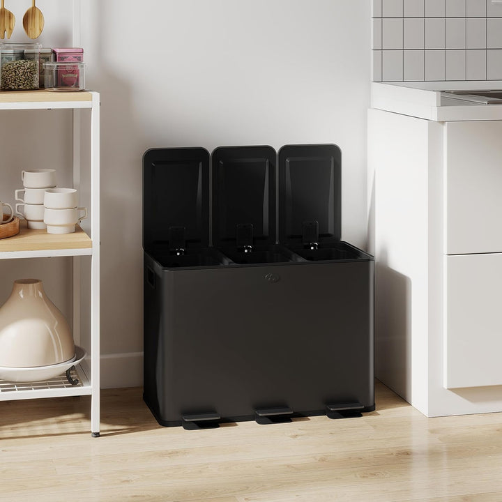 HOMCOM Mülleimer Küche 3 x 15 L Treteimer mit Softclose-Deckel und Pedal Mülltrennsystem 3 Fächer in