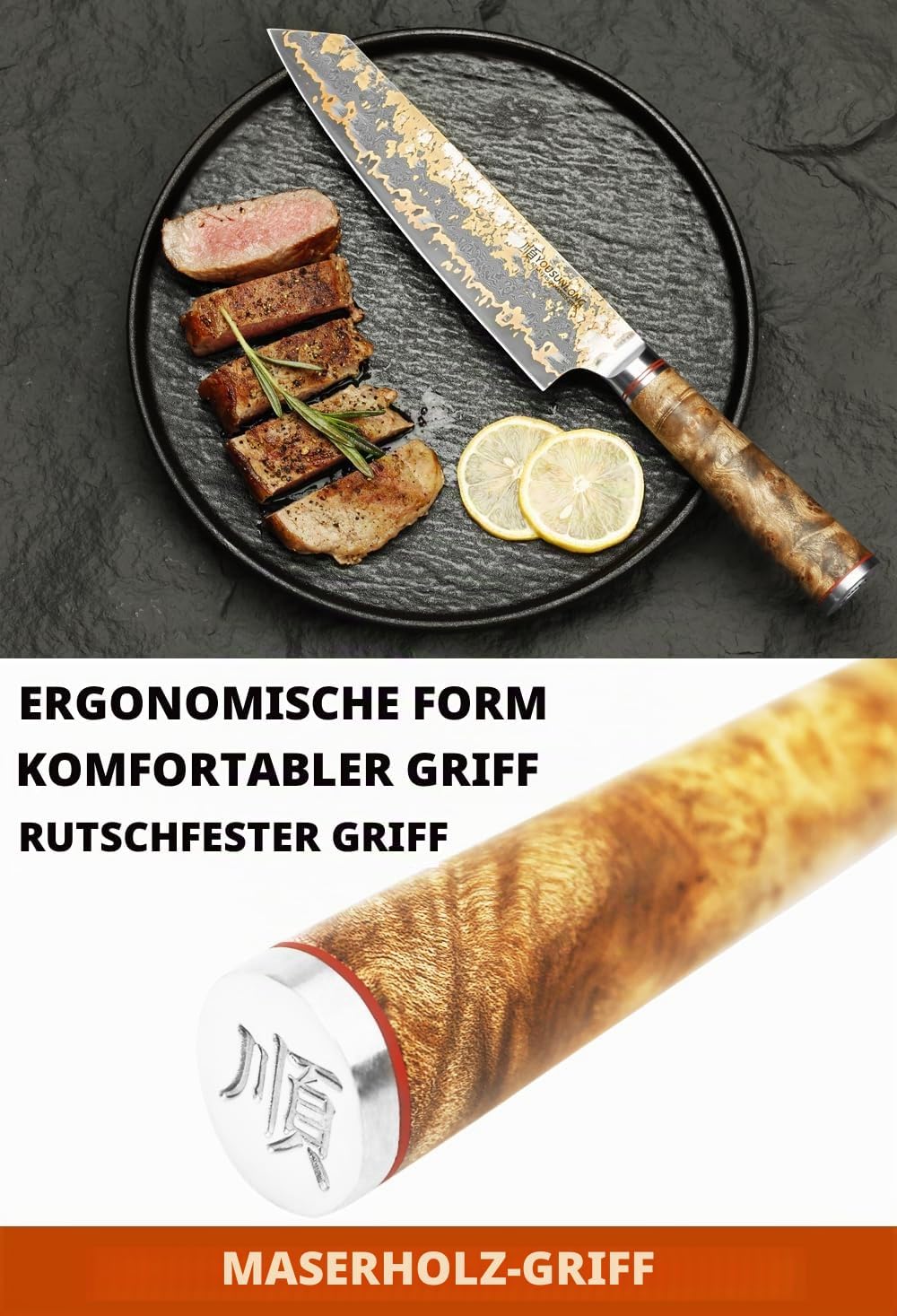 YOUSUNLONG Kiritsuke Kochmesser - 210mm Japanische Kupfer Damaszener Stahl Klinge - Rasiermesserscha