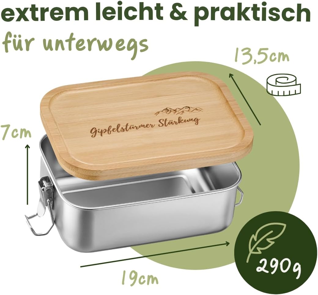 Gipfelgaudi Gipfelstürmer Brotdose mit Holzdeckel I Langlebige Edelstahl Box für Kinder & Erwachsene