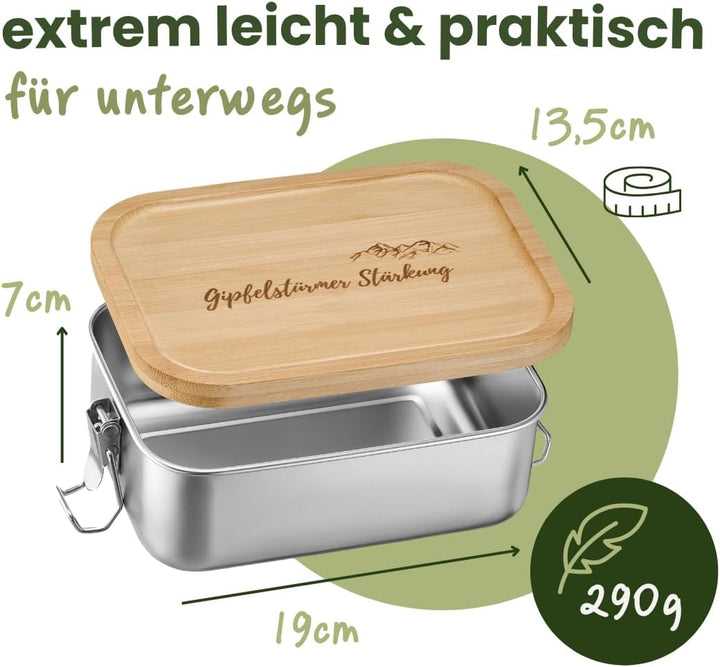 Gipfelgaudi Gipfelstürmer Brotdose mit Holzdeckel I Langlebige Edelstahl Box für Kinder & Erwachsene