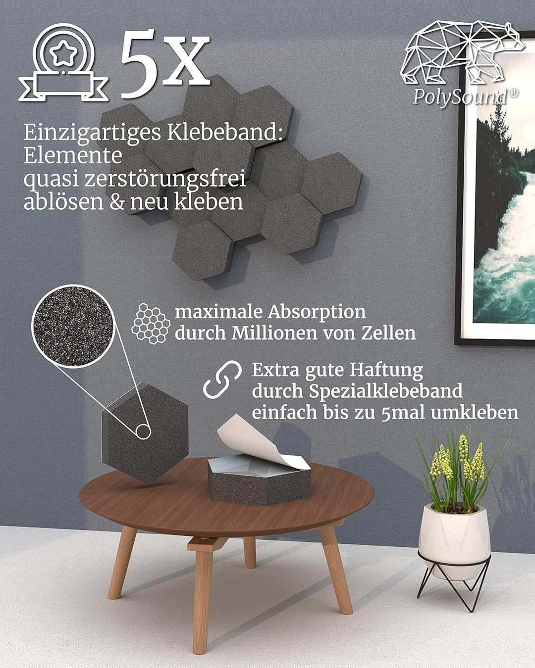 PolySound ECO Akustikpaneele - selbstklebendes 3D-Hexagon-Design - Schallschutz für Büro, Gaming & W