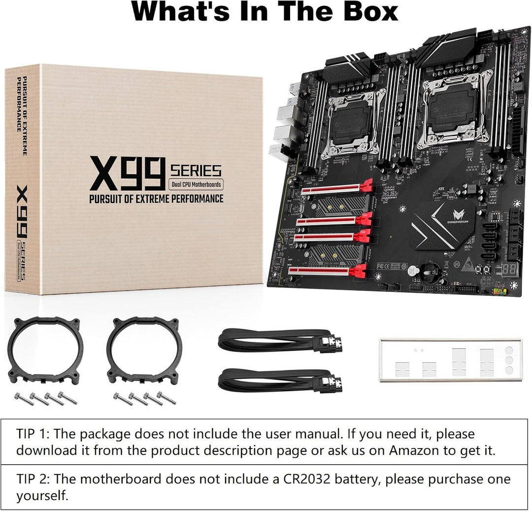 SHANGZHAOYUAN X99 Dual CPU Mainboard LGA 2011-3 Server Motherboard (E-ATX, 8*DDR4 ECC, 2*NVME M.2, 2