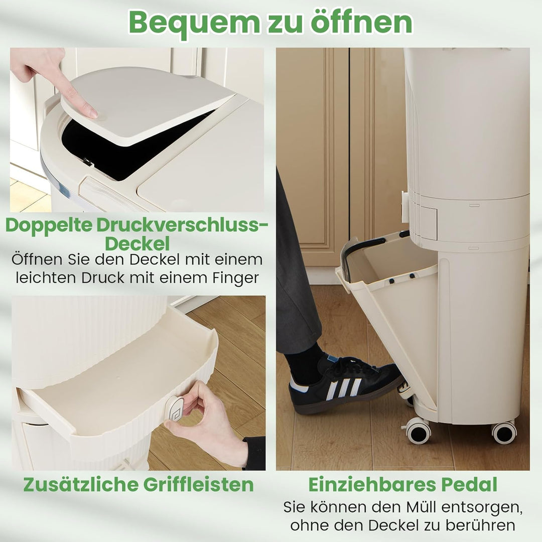 COSTWAY Mülleimer Küche, Mülltrennsystem 3 Fächer, 2 x 12L Inneneimer & 14L Treteimer, Abfalleimer m