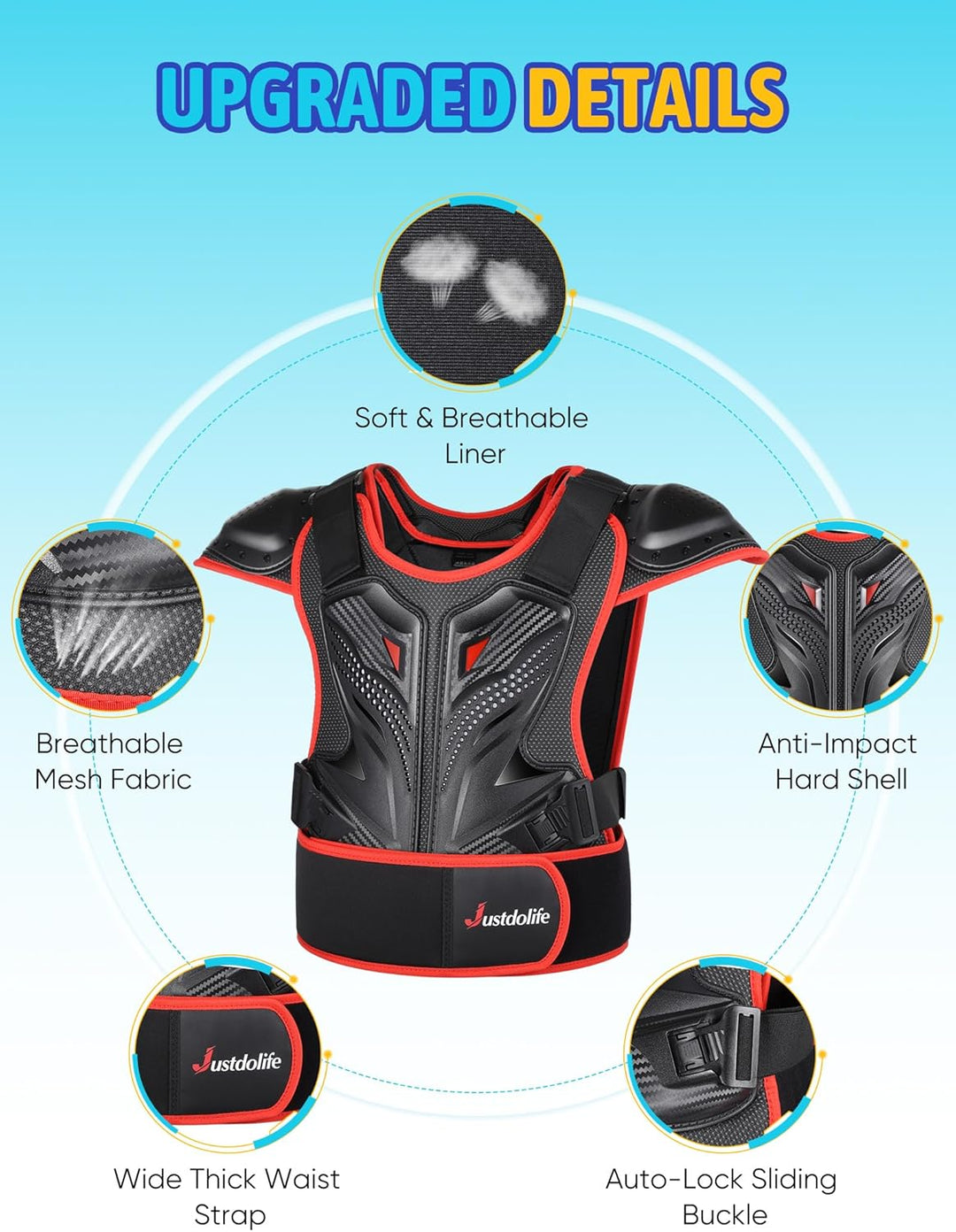 JUSTDOLIFE 5 Stück Motorrad Schutz Jacke, Motorrad-Rüstungsset für Kinder Jugend-Motocross Schutzkle