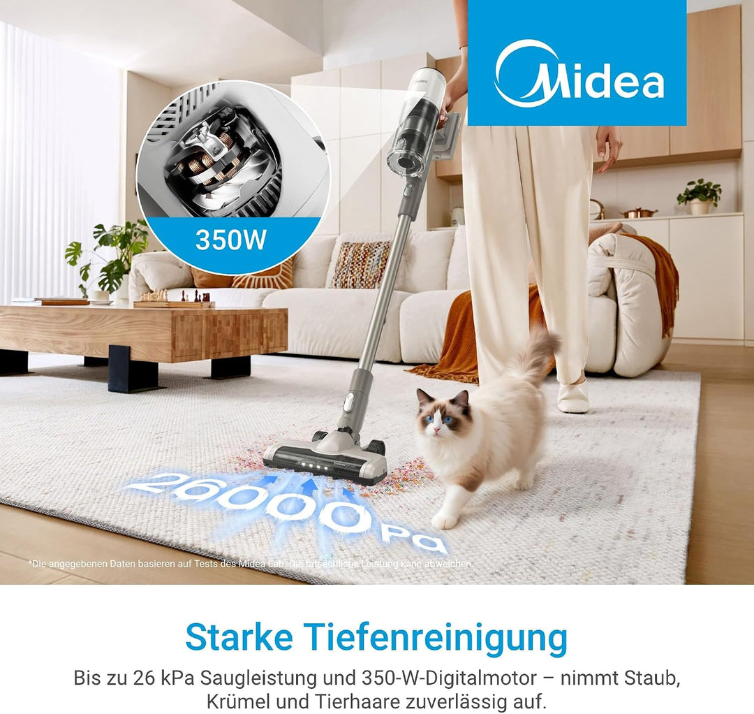 Midea P9 Lite Akku Staubsauger, kabelloser Stielstaubsauger 350 W, bis zu 26 kPa, bis zu 50 Min. Lau