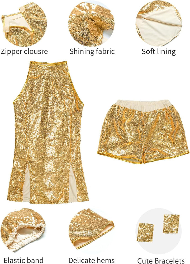 LOLANTA Mädchen Pailletten-Kostüm Hip Hop Dancewear Funkelndes Tanzkleid Gesetzt 4-5 Jahre Gold, 4-5