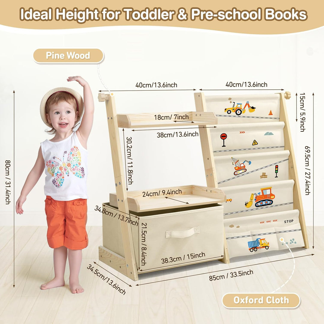 Bücherregal Kinder Kinderzimmer Spielzeug Aufbewahrung mit 4 Regalebenen & Aufbewahrungsbox, Kinderr