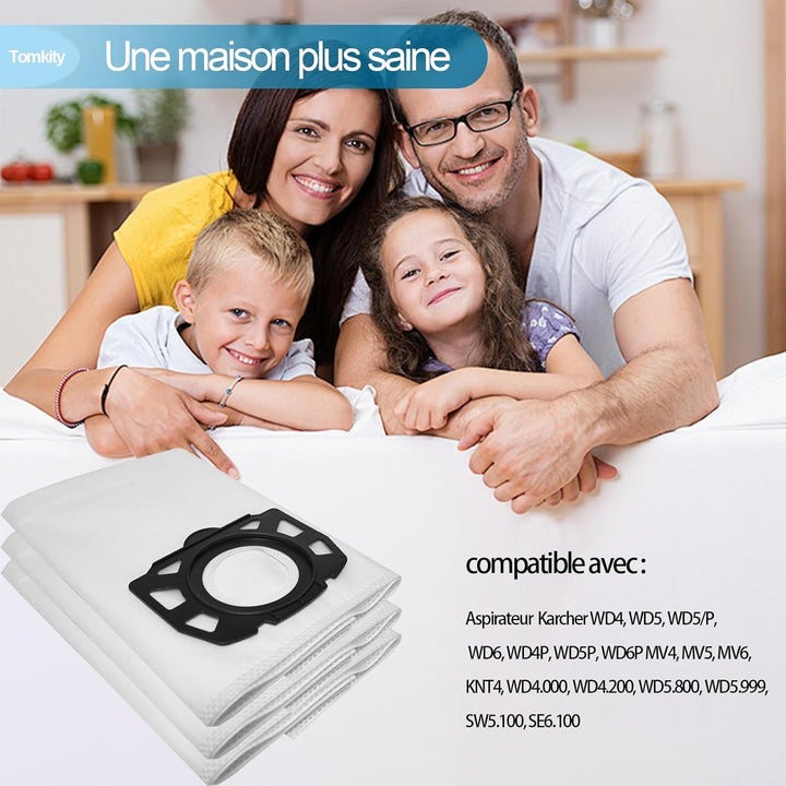 10 Kärcher Staubsaugerbeutel mit 2 Filter Ersatz für Kärcher WD4 WD5 WD6 WD5P WD6P MV4 MV5 MV6, Filt