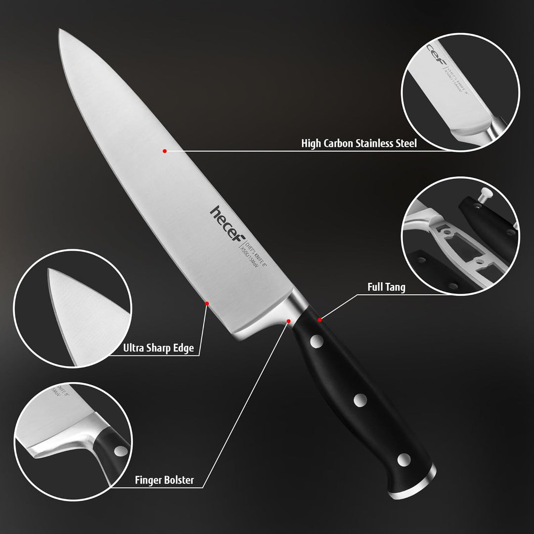 hecef Messerset, 3 tlg Küchenmesser Set mit Ergonomischer ABS-Griff, Full-tang, Scharfes Kochmesser