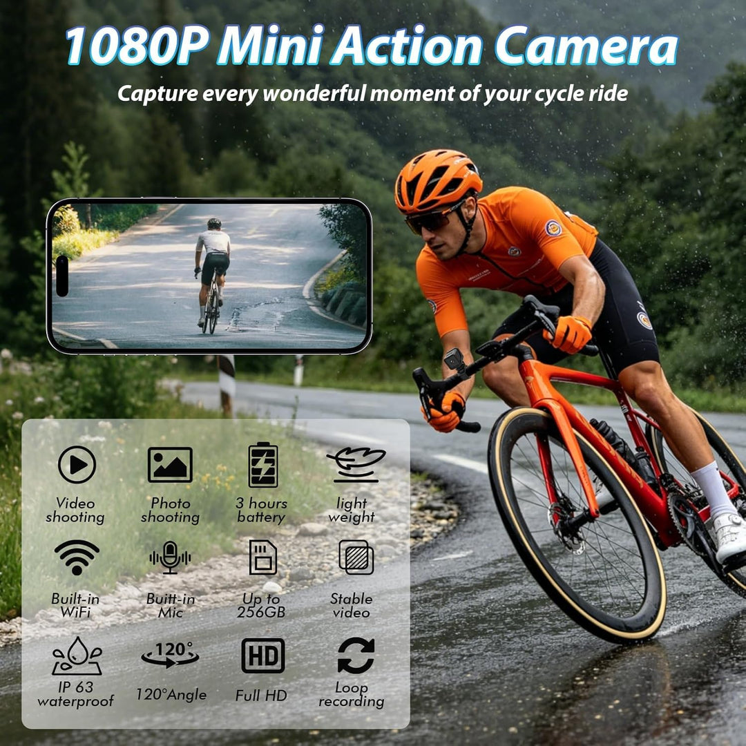 Mini Action Cam WiFi, 1080P HD &amp; 120° Weitwinkel Sportkamera, Dashcam Fahrrad für Helm und Fahrrad M