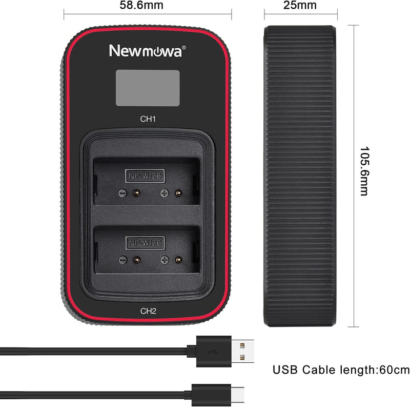 Newmowa NP-W126 Ersatzakku (2er-Pack) und Smart LCD Display Dual USB-Ladegerät für Fujifilm NP-W126