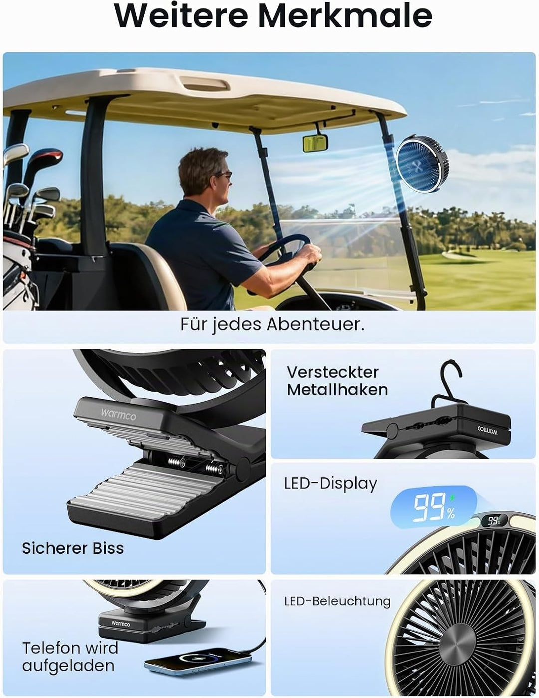 Warmco Tragbarer Ventilator mit LED-Laterne und Haken, 15000 mAh, batteriebetrieben, Camping-Tischve