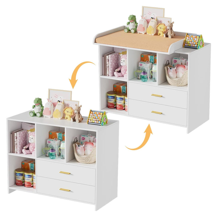 MSFE Wickelkommode Wickeltisch Baby Wickelkommode aus Holz mit abnehmbarem Wickelaufsatz, 2 Schublad