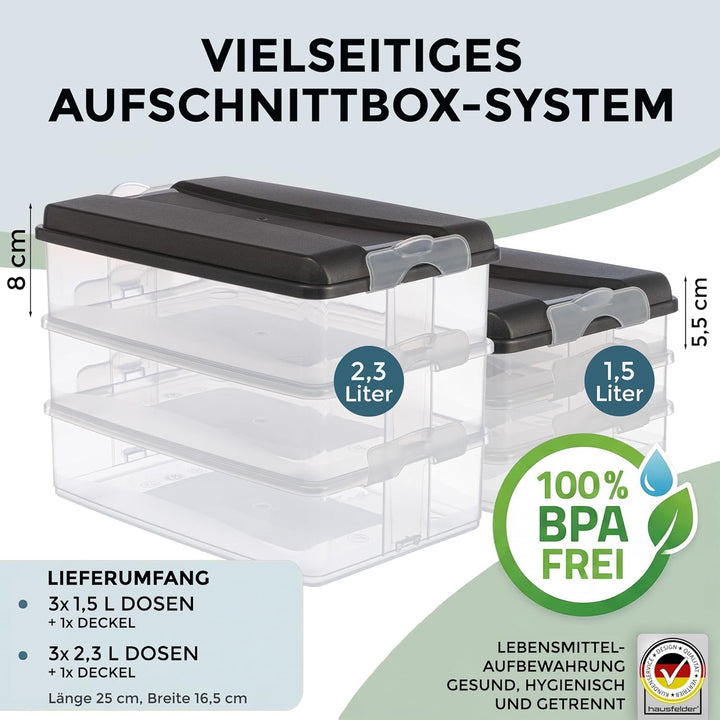 Hausfelder Aufschnittboxen Set 3x 2,3 l + 3x 1,5 l, Anthrazit | Stapelbare Aufschnittboxen mit Decke