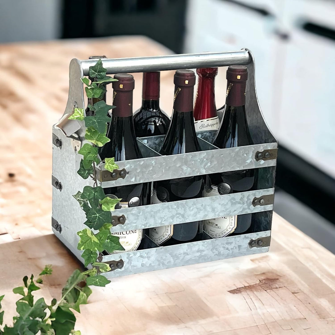 DanDiBo Weinträger Metall mit Öffner 96403 Flaschenträger 6 Flaschen Flaschenkiste Flaschenöffner Fl
