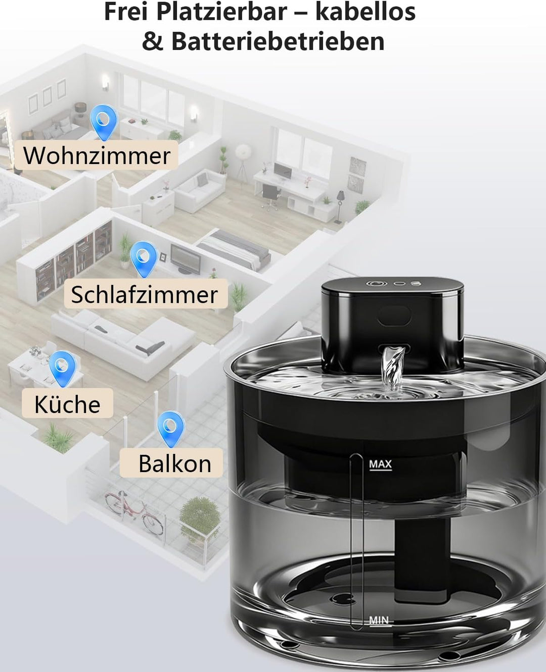 Upgrade 3.5L Katzenbrunnen Kabellos mit Bewegungsmelder, Trinkbrunnen für Katze, 5000mAh Batteriebet