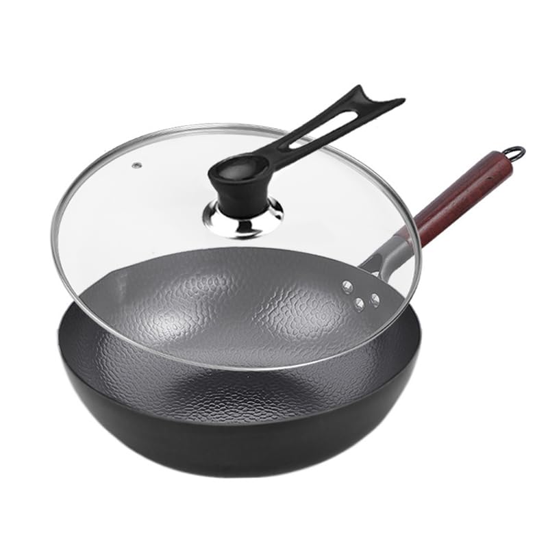 Wok mit Deckel 32cm Gusseisen Wokpfannen: Wok für Alle Herdarten Geschmiedet Eisenpfanne Keine Chemi