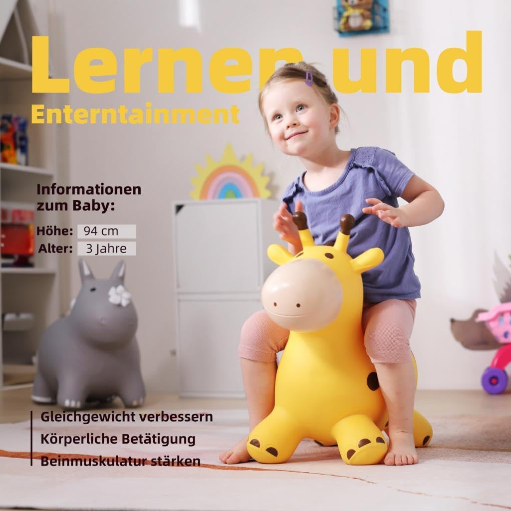 U&C Planet Hüpftier für Kinder Aufblasbare Giraffe Gelbe Giraffe Hüpfer mit Handpumpe,Sprungpferd Hü
