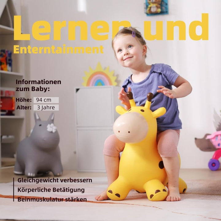 U&C Planet Hüpftier für Kinder Aufblasbare Giraffe Gelbe Giraffe Hüpfer mit Handpumpe,Sprungpferd Hü