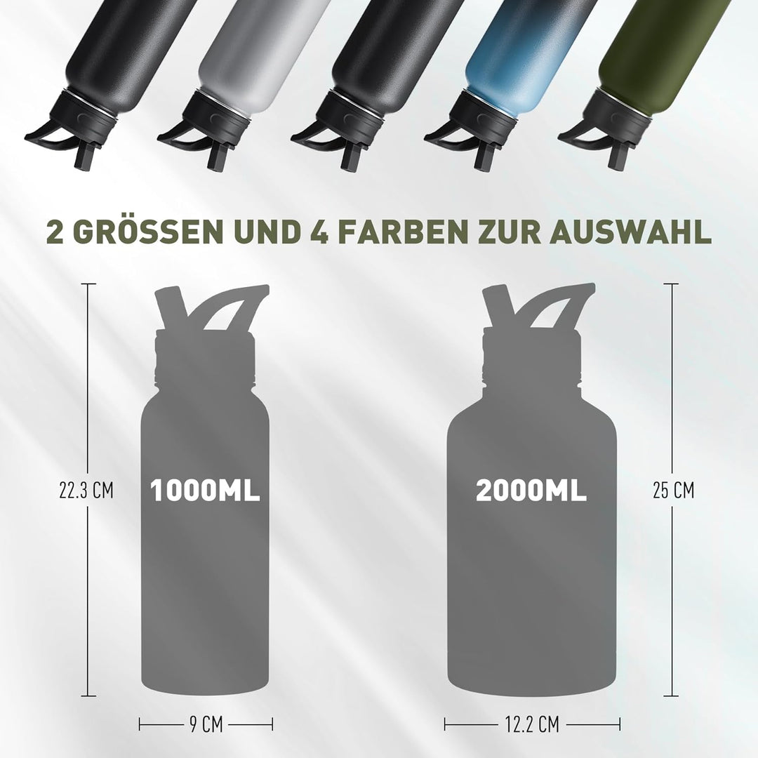 Exllena 2 Liter Edelstahl Wasserflasche, doppelt isolierte Wasserflaschen mit zwei Deckeln und schüt