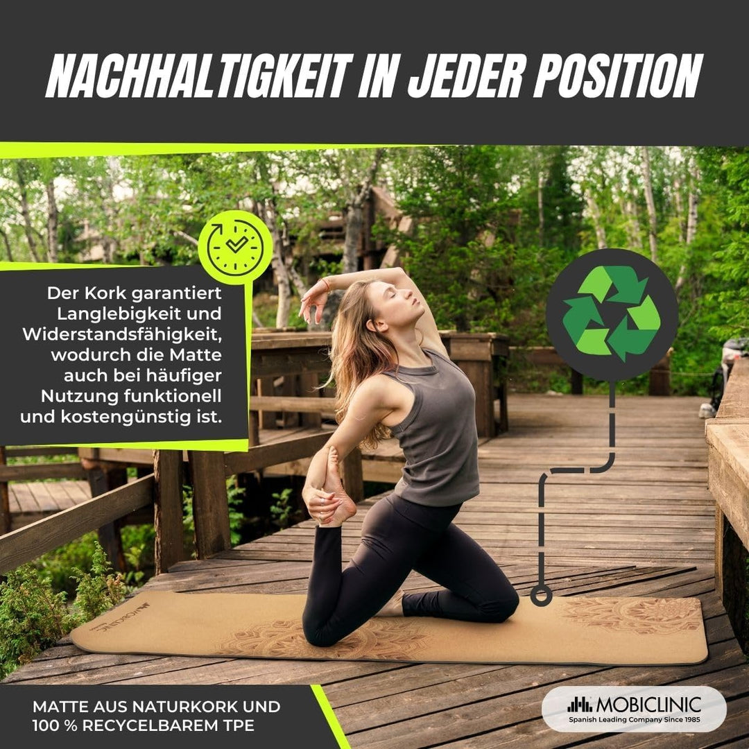 Mobiclinic®, Yogamatte naturkork, Rutschfest, Tragetasche, Antimikrobiell, 4mm dick, 100% recycelbar