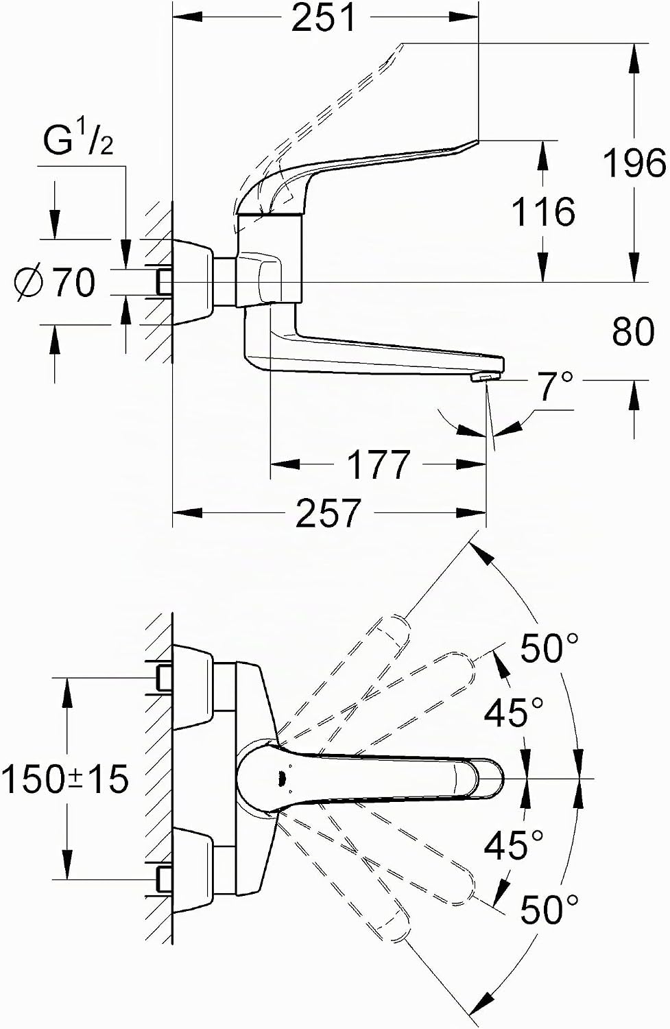 GROHE Euroeco Waschtisch-Einhebelmischer für Wandmontage, 170 mm, verchromt 32773000,Silber