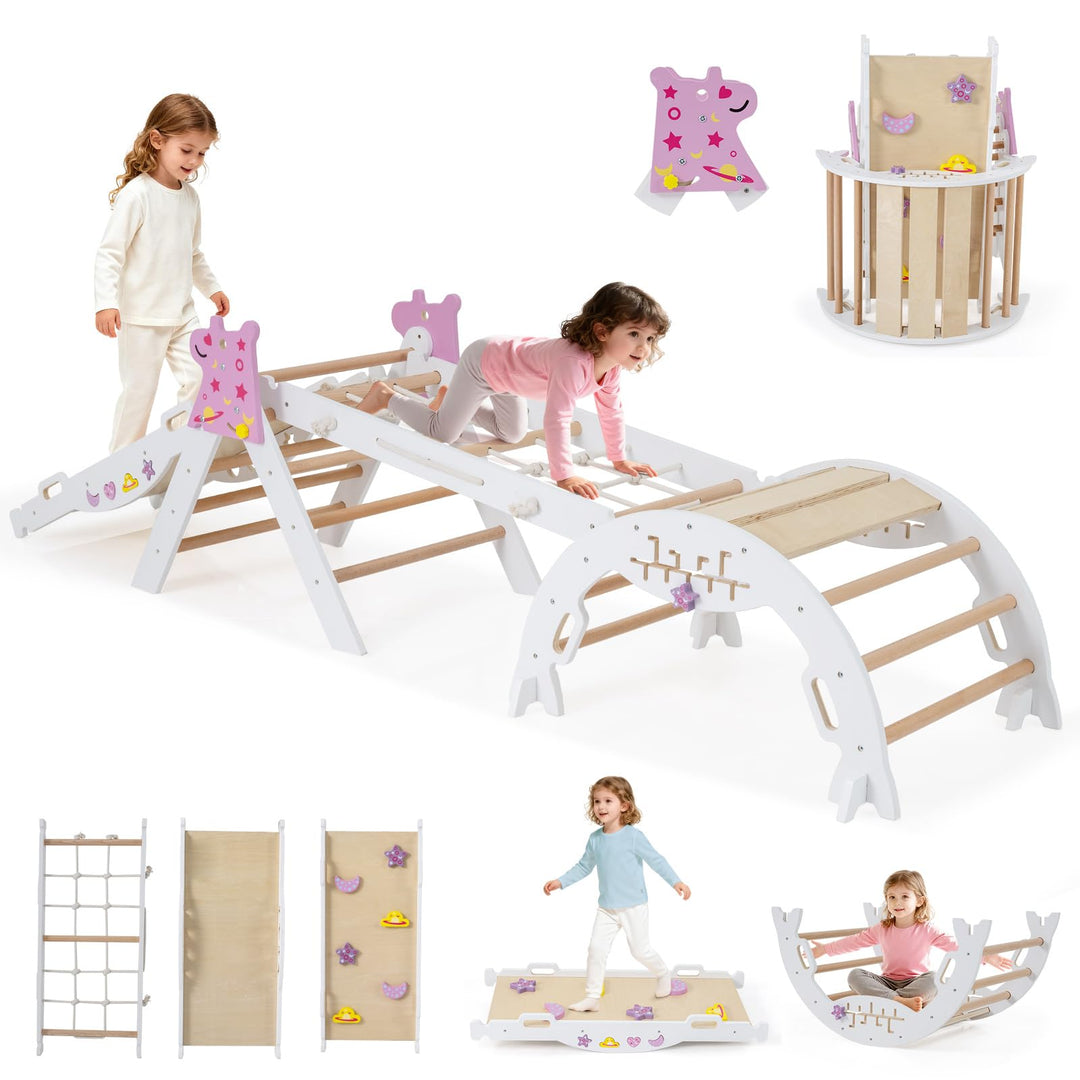 GOPLUS 9-in-1 Klettergerüst Indoor, Kletterdreieck Holz, 4er Set Kletterspielzeug mit Kletternetz, K