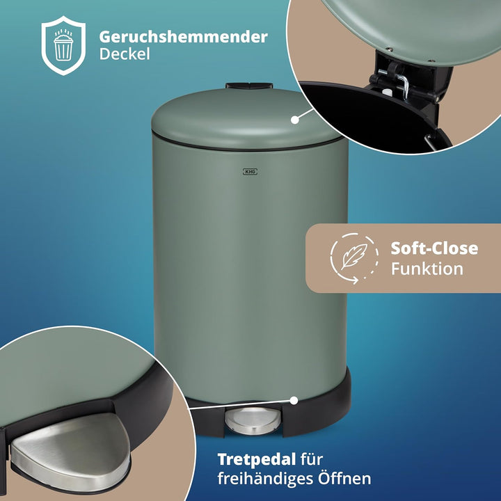KHG Mülleimer 20 L Grün mit Softclose-Deckel & Tretfunktion - Pulverbeschichteter Metall-Abfalleimer
