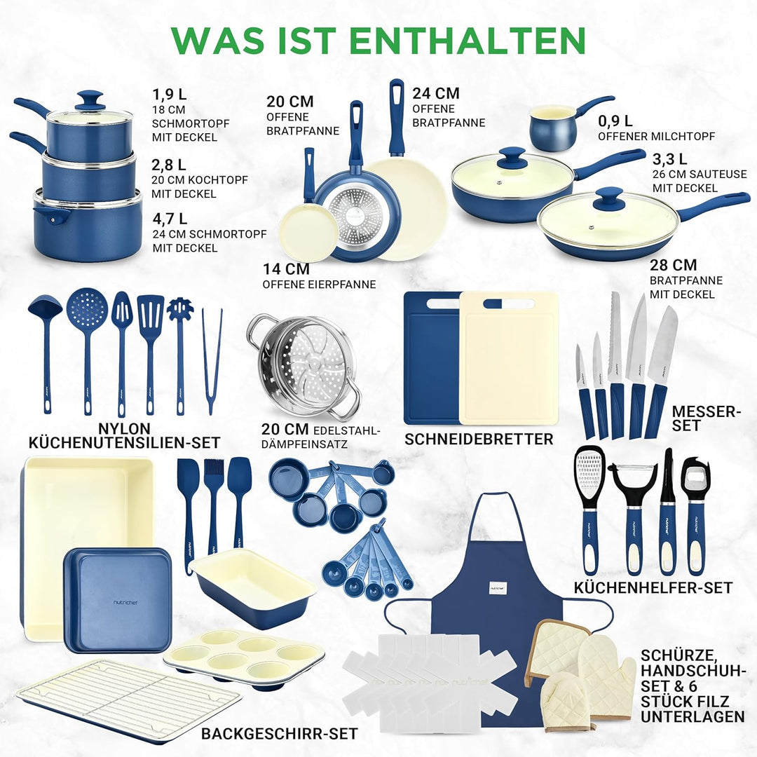 NutriChef Kochgeschirr Set 54-tlg – Pfannen, Töpfe, Küchenhelfer Blau– Mit Messer, Backformen, Zubeh